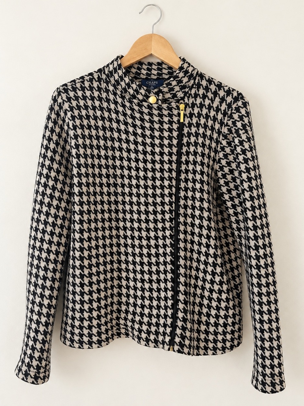 Chaps Houndstooth Moto Jacket Women’s XL Black Cream Gold Zip